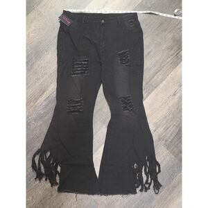 Sheng Fan Womens 2XL Black Distressed Flare Pants Stretch Bell Bottom NWT
